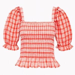 English Factory Red Plaid Check Puff Sleeve Smock Top Size M